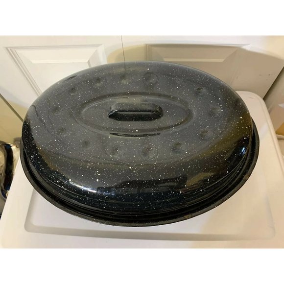 Vintage Cobalt Blue Graniteware Roaster 17" x 12" Enamelware Pot Splatt… - Picture 3 of 8